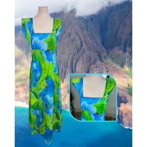 Vintage 60s Waltah Clark's Hawaiian Blue Green Empire Waist Maxi Dress 8